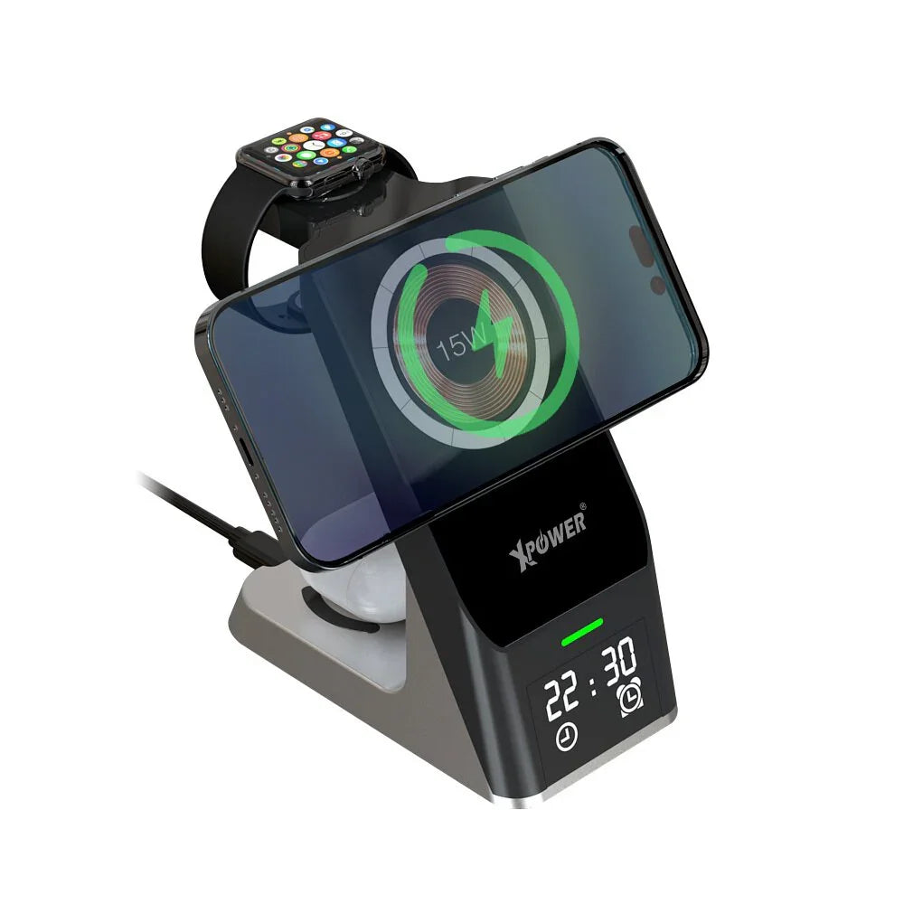 XPower 15W Magsafe Charging Station with Clock Display - Black - Tashqila XPower 15W Magsafe Charging Station with Clock Display - Black - Tashqila